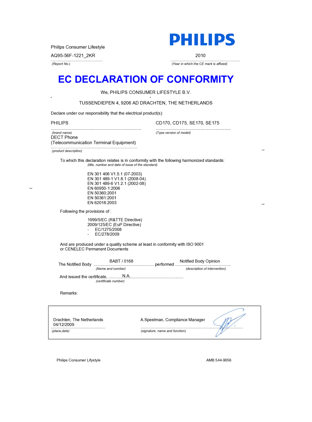 Philips SE170, SE175 user manual EC Declaration of Conformity 