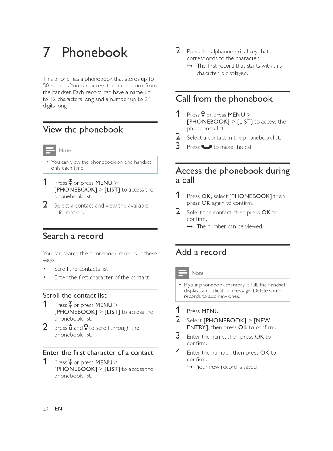 Philips SE170, SE175 user manual Phonebook 