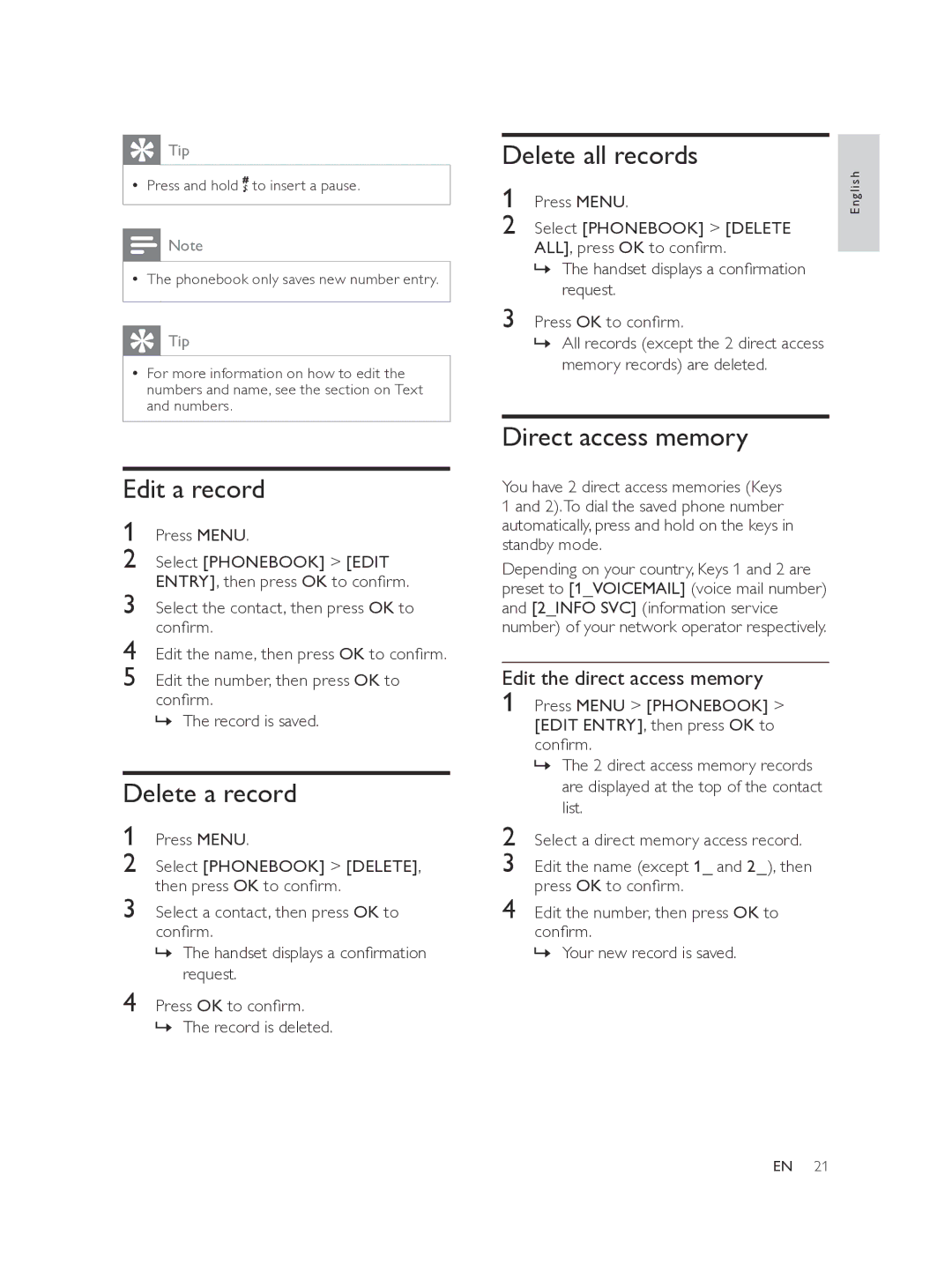 Philips SE175 Edit a record, Delete a record, Delete all records, Direct access memory, Edit the direct access memory 