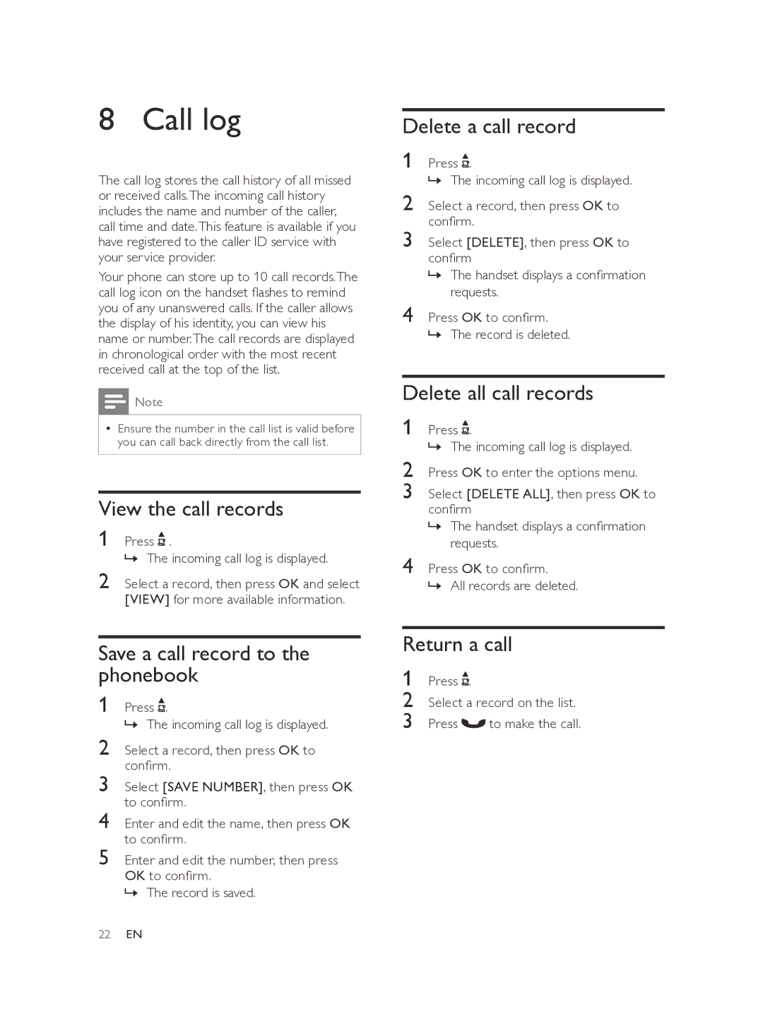 Philips SE170, SE175 user manual Call log 