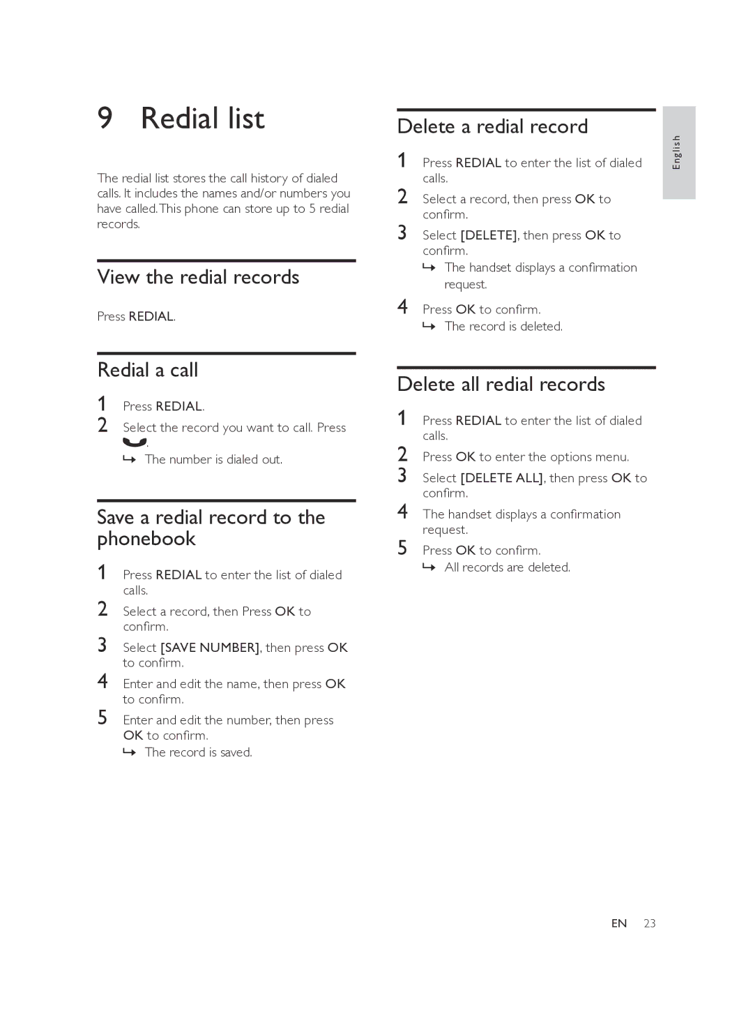 Philips SE175, SE170 user manual Redial list 