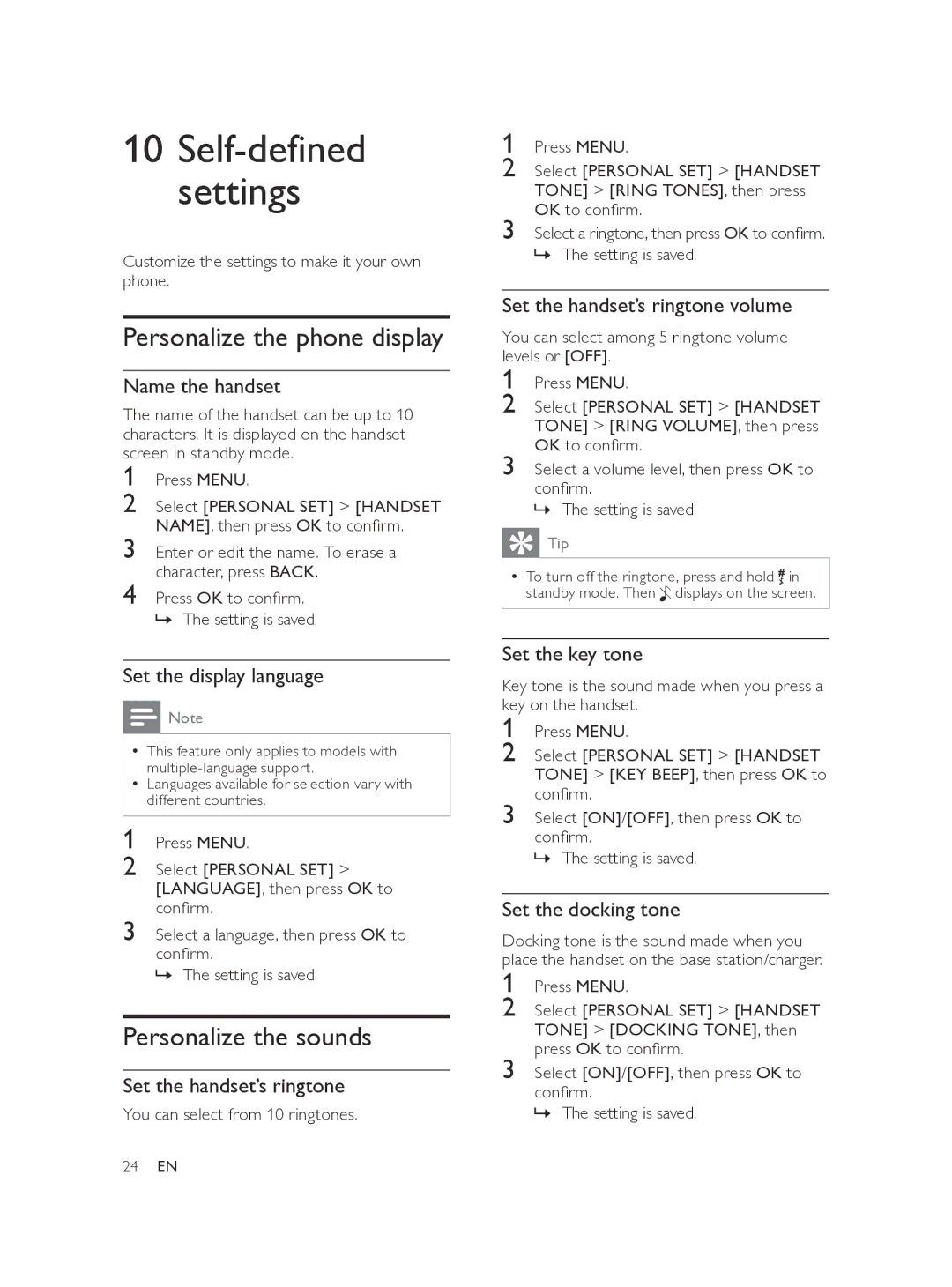 Philips SE170, SE175 Personalize the sounds, Set the handset’s ringtone volume, Set the key tone, Set the docking tone 