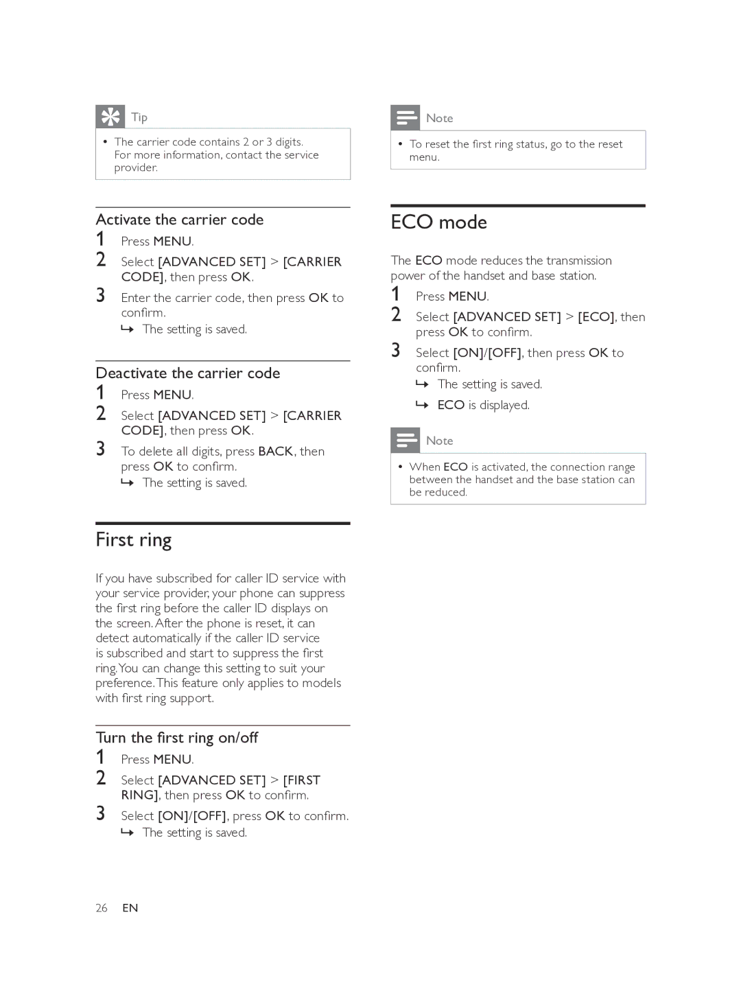 Philips SE170, SE175 user manual First ring, ECO mode, »» ECO is displayed 