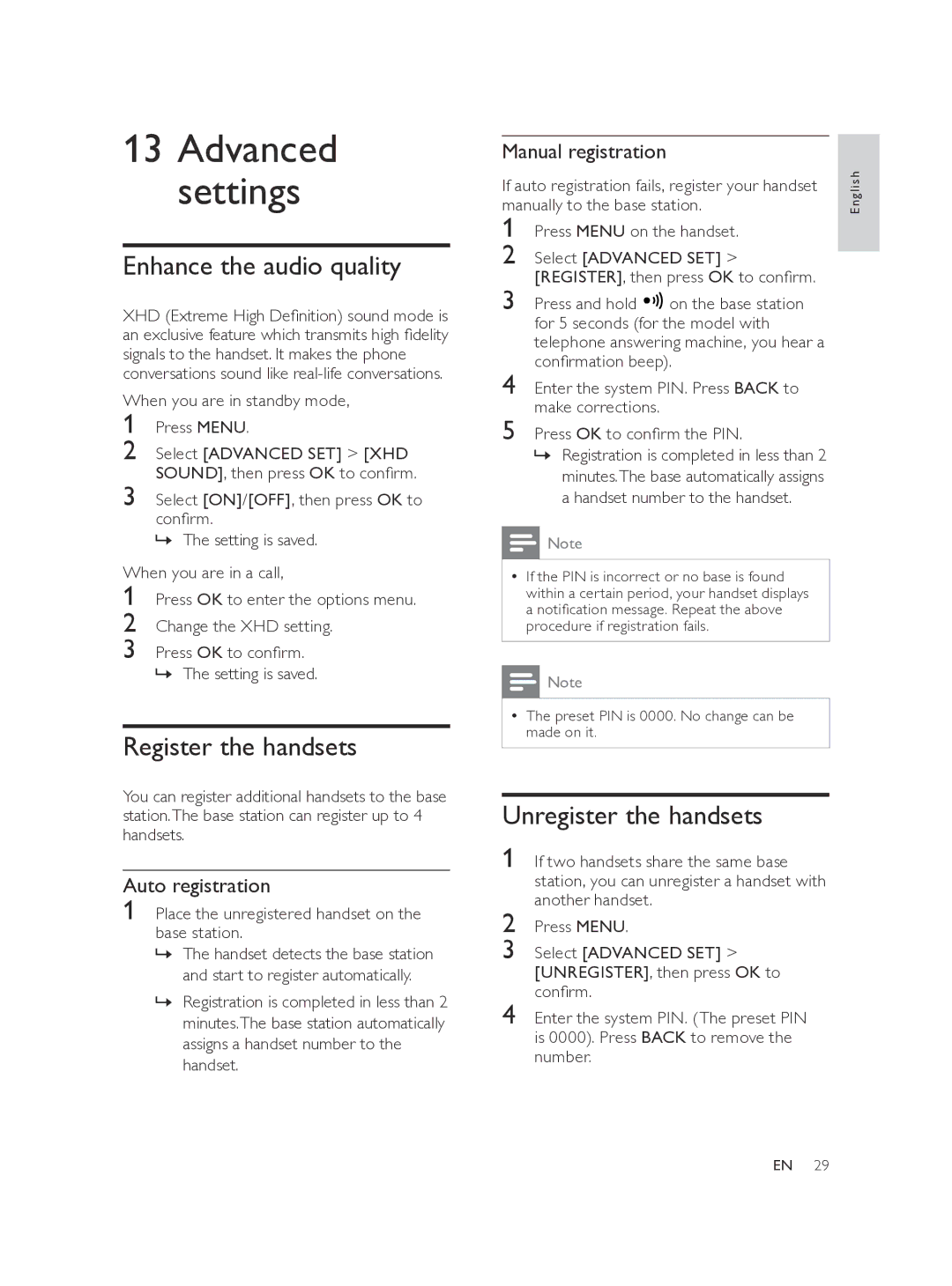 Philips SE175, SE170 Enhance the audio quality, Register the handsets, Unregister the handsets, Auto registration 