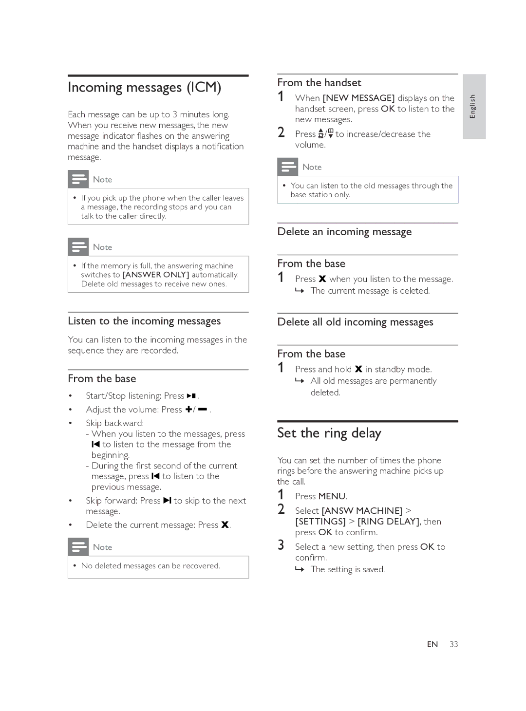 Philips SE175, SE170 user manual Incoming messages ICM, Set the ring delay 