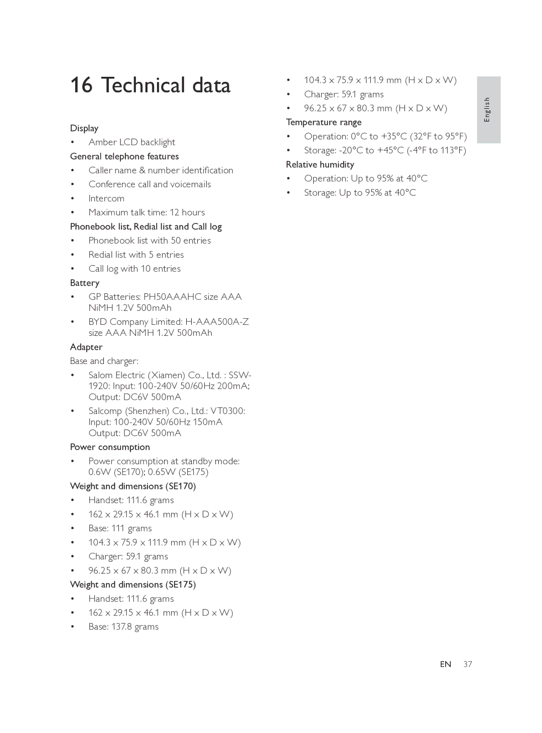 Philips SE175, SE170 user manual Technical data, Display 