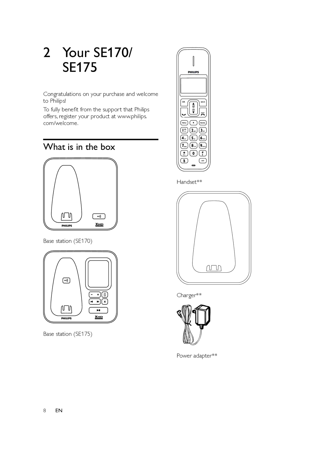 Philips SE170, SE175 user manual What is in the box, Congratulations on your purchase and welcome to Philips 