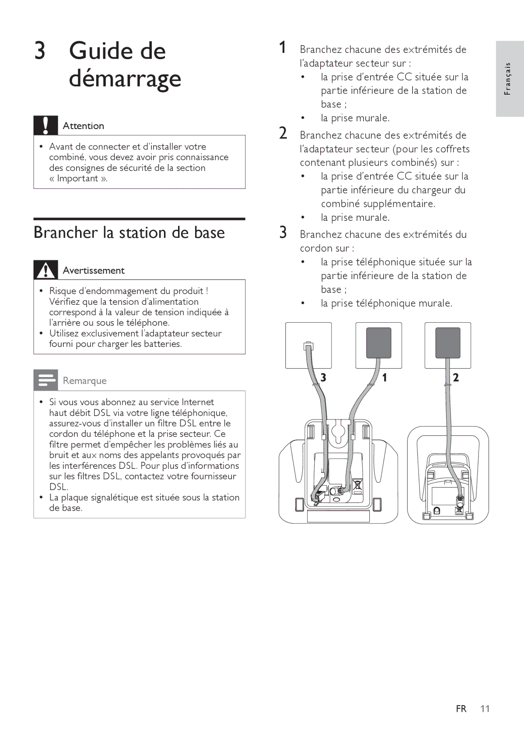 Philips SE171 manual Guide de démarrage, Brancher la station de base 