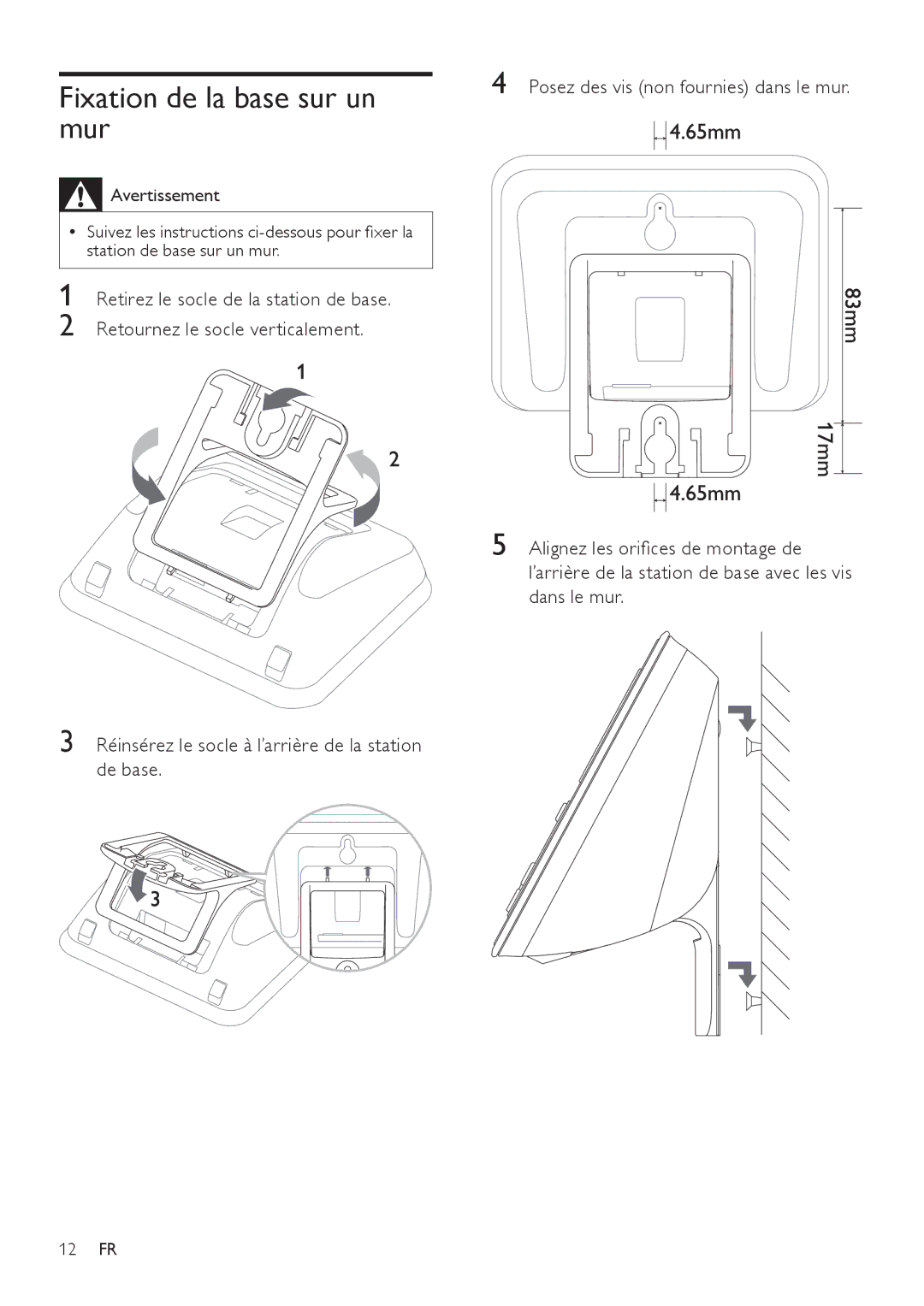 Philips SE171 manual Fixation de la base sur un mur 