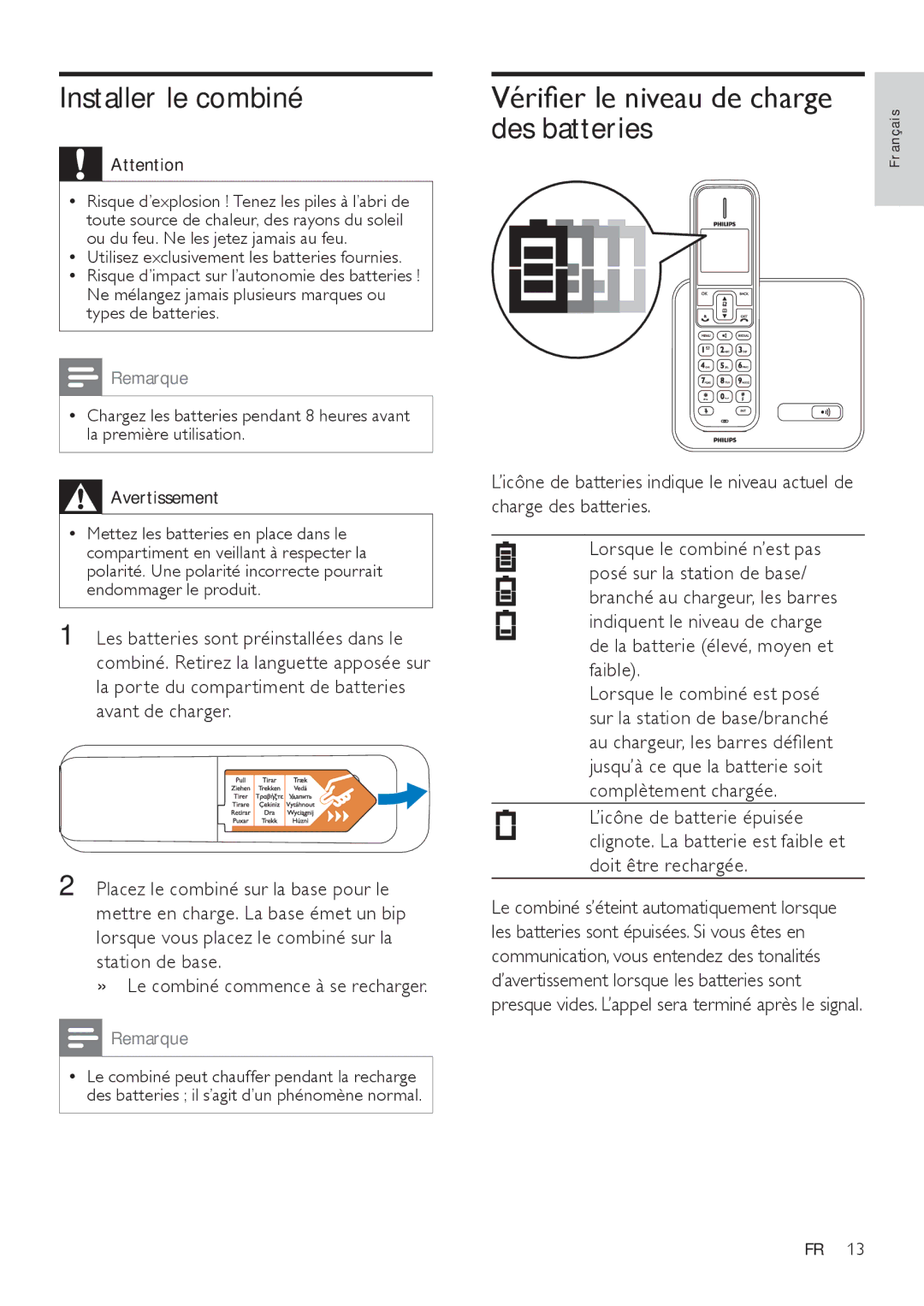 Philips SE171 manual Installer le combiné, Vérifier le niveau de charge des batteries 