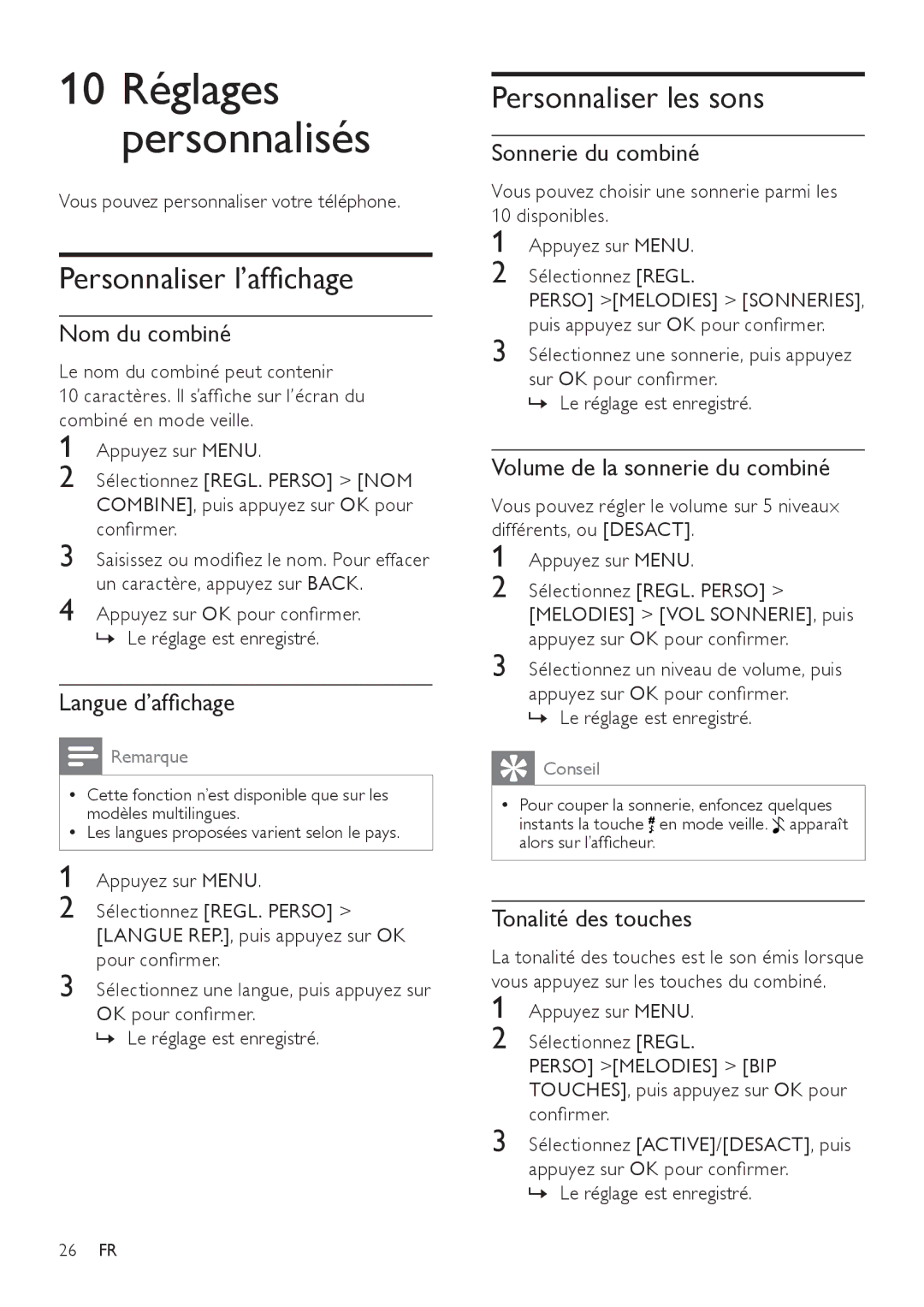 Philips SE171 manual 10 Réglages Personnalisés, Personnaliser l’affichage, Personnaliser les sons 