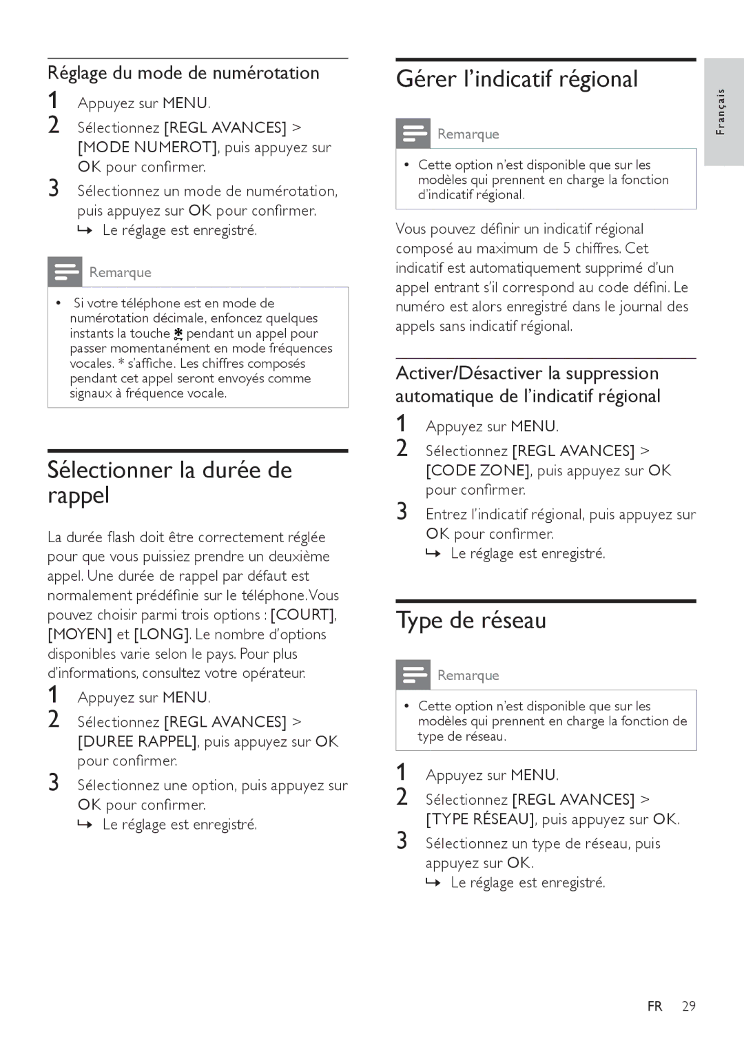 Philips SE171 Sélectionner la durée de rappel, Gérer l’indicatif régional, Type de réseau, Réglage du mode de numérotation 