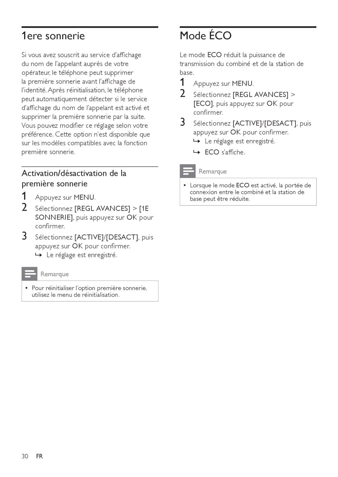 Philips SE171 manual 1ere sonnerie, Mode ÉCO, Activation/désactivation de la première sonnerie 