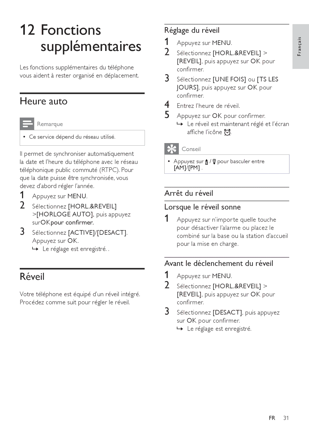 Philips SE171 manual Heure auto, Réveil, Réglage du réveil, Arrêt du réveil Lorsque le réveil sonne 