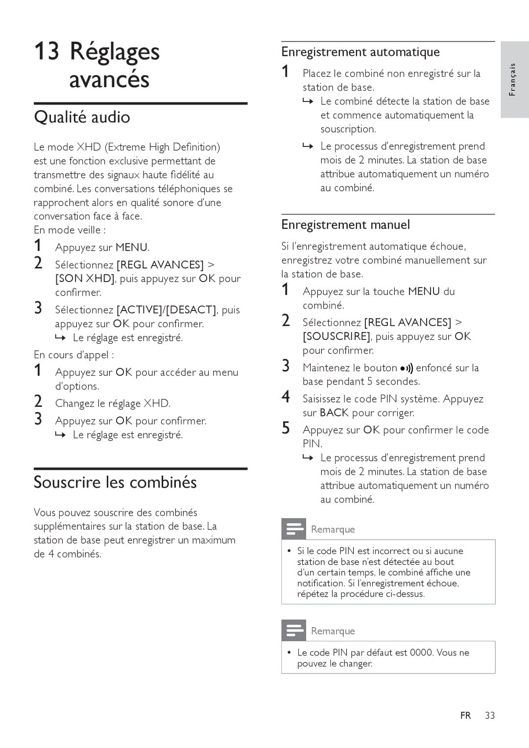 Philips SE171 manual 13 Réglages Avancés, Qualité audio, Souscrire les combinés, Enregistrement automatique 