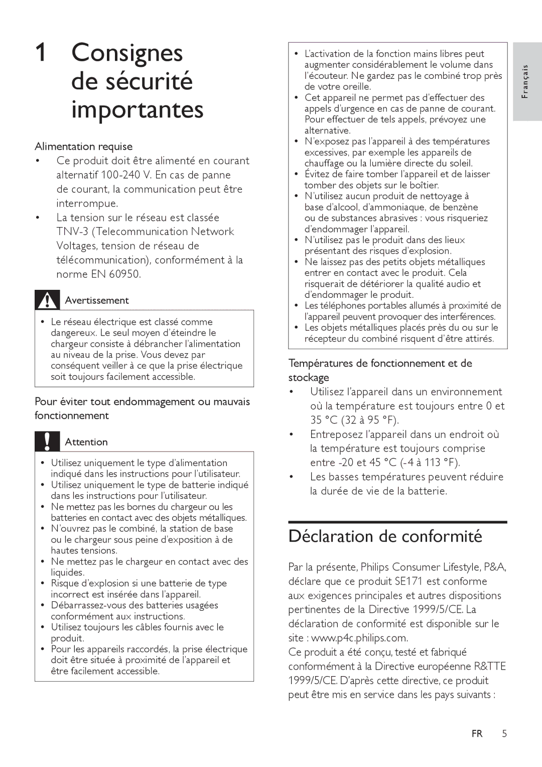 Philips SE171 manual Déclaration de conformité 