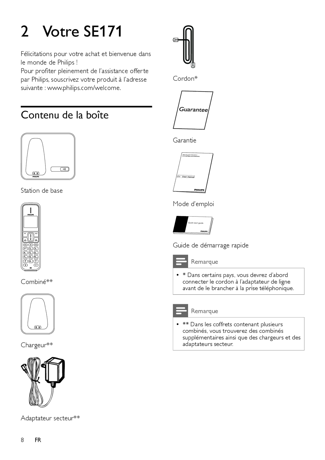 Philips manual Votre SE171, Contenu de la boîte 