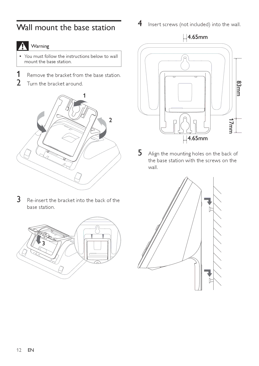 Philips SE171 user manual Wall mount the base station 