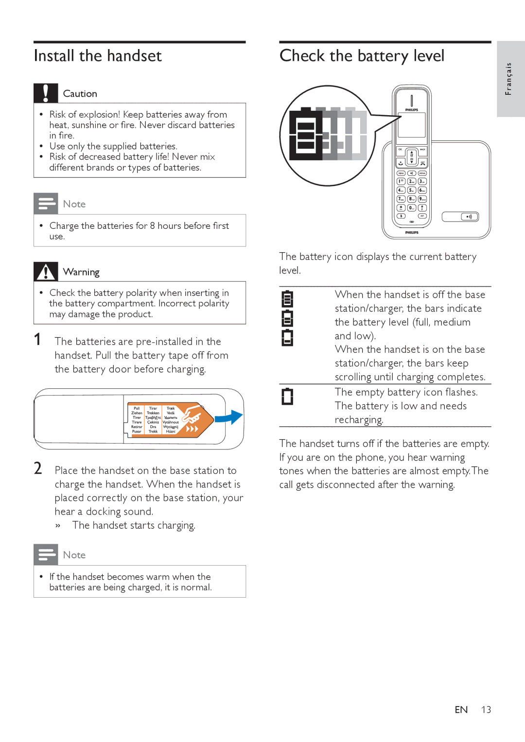 Philips SE171 user manual Install the handset, Check the battery level, »» The handset starts charging 