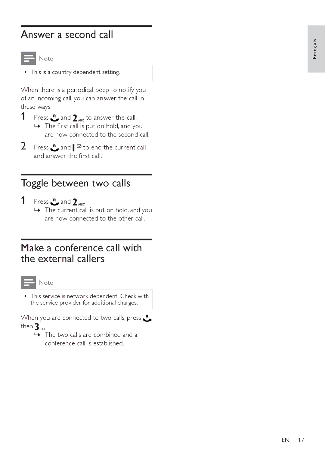 Philips SE171 user manual Answer a second call, Toggle between two calls, Make a conference call with the external callers 