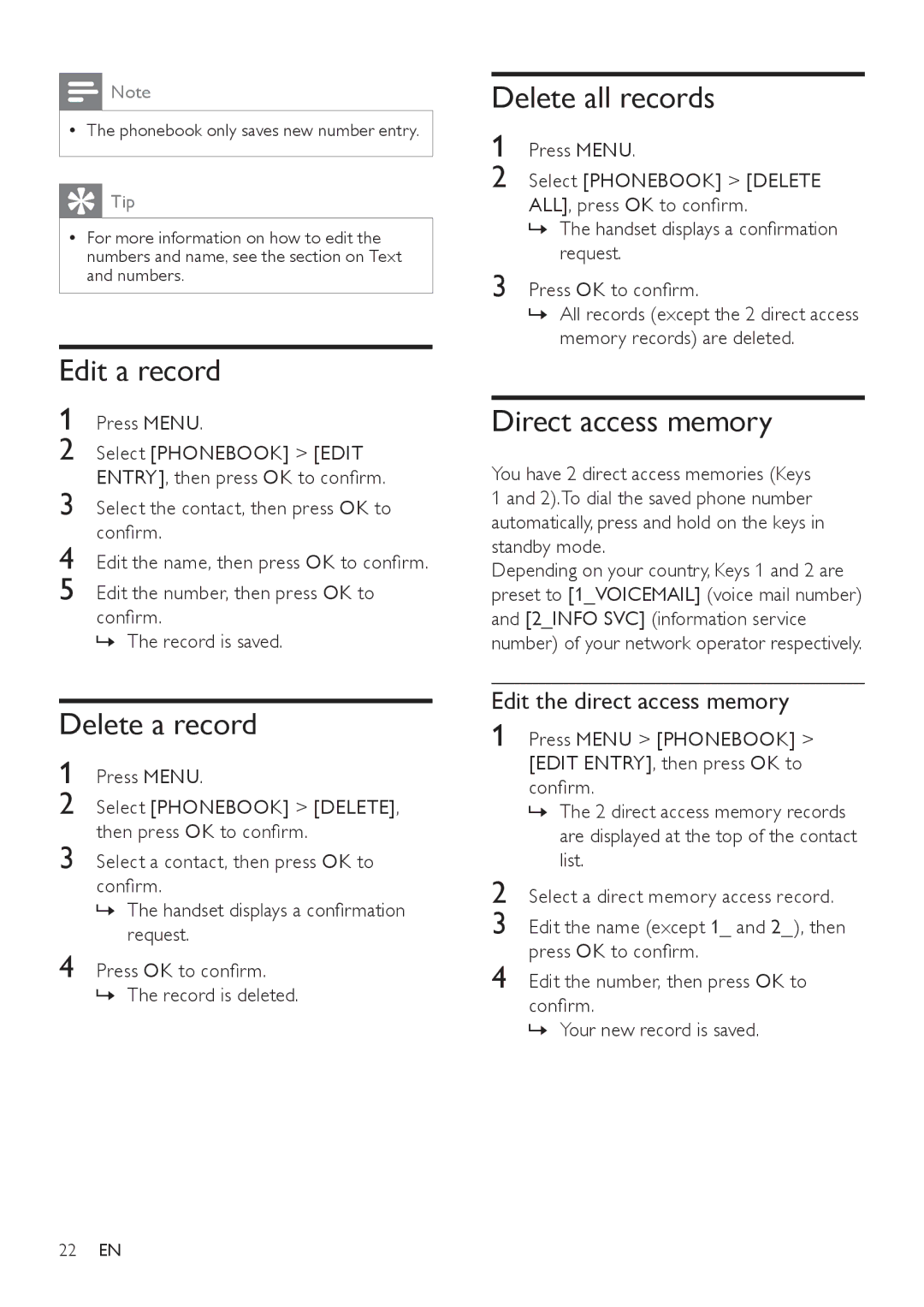 Philips SE171 Edit a record, Delete a record, Delete all records, Direct access memory, Edit the direct access memory 