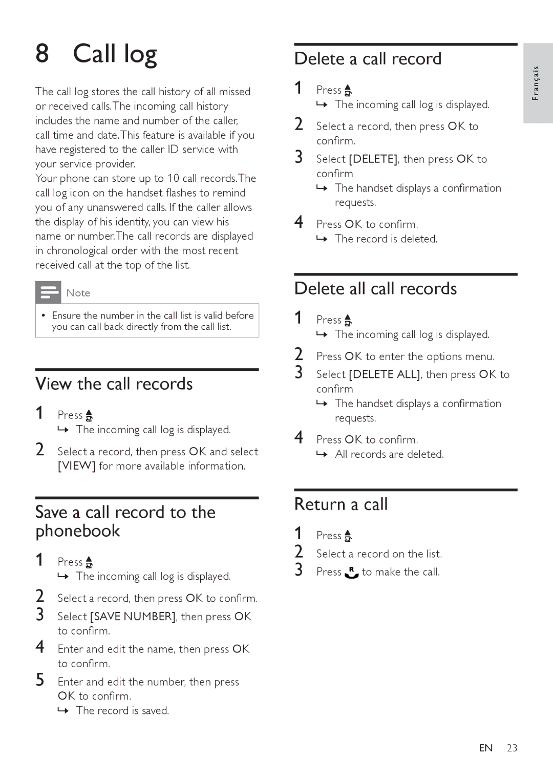 Philips SE171 user manual Call log 