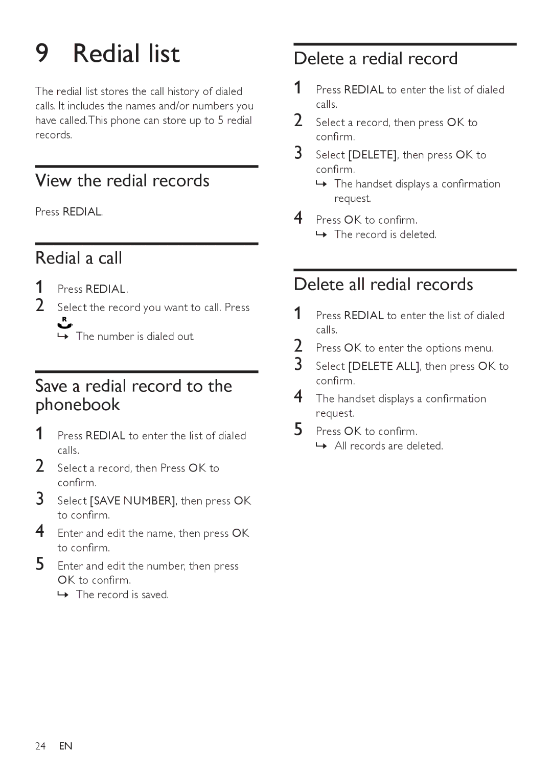 Philips SE171 user manual Redial list, View the redial records, Redial a call, Delete all redial records 