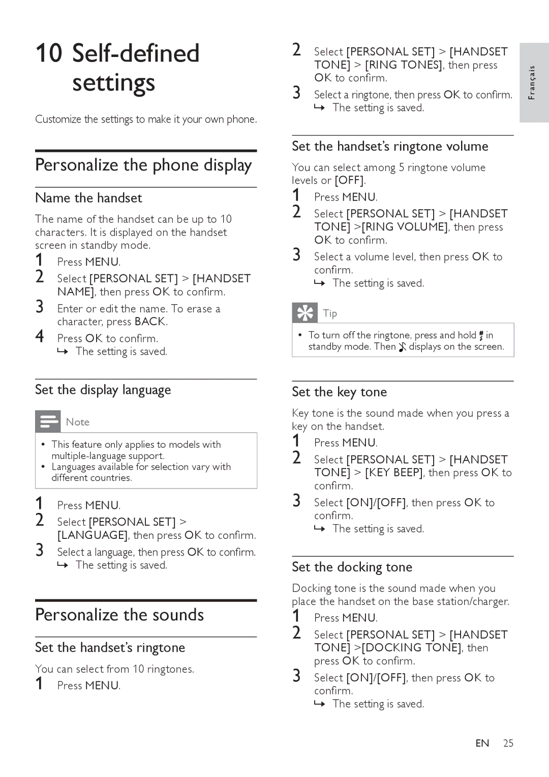 Philips SE171 user manual Personalize the phone display, Personalize the sounds 