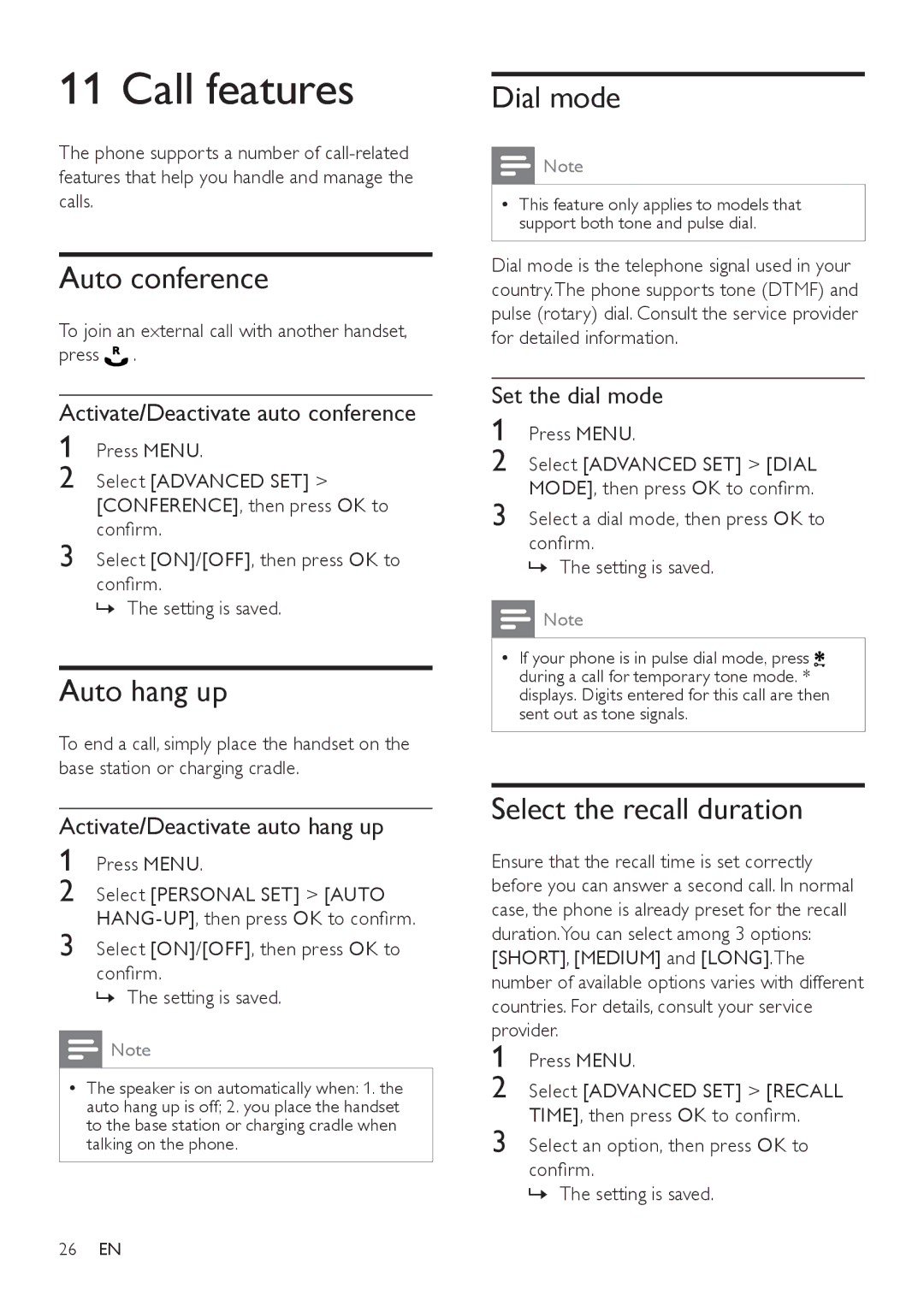 Philips SE171 user manual Call features, Auto conference, Auto hang up, Dial mode, Select the recall duration 