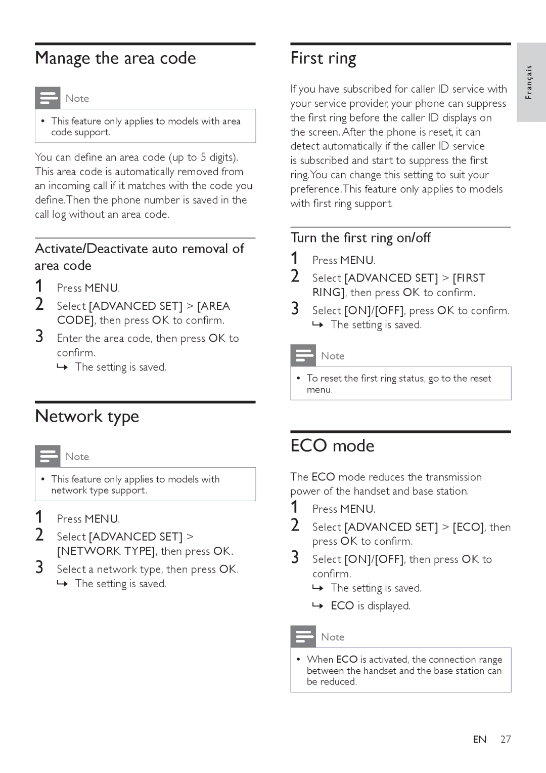 Philips SE171 user manual Manage the area code, Network type, First ring, ECO mode 