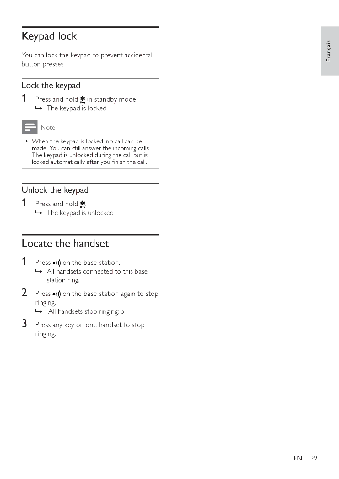 Philips SE171 user manual Keypad lock, Locate the handset, Lock the keypad, Unlock the keypad 