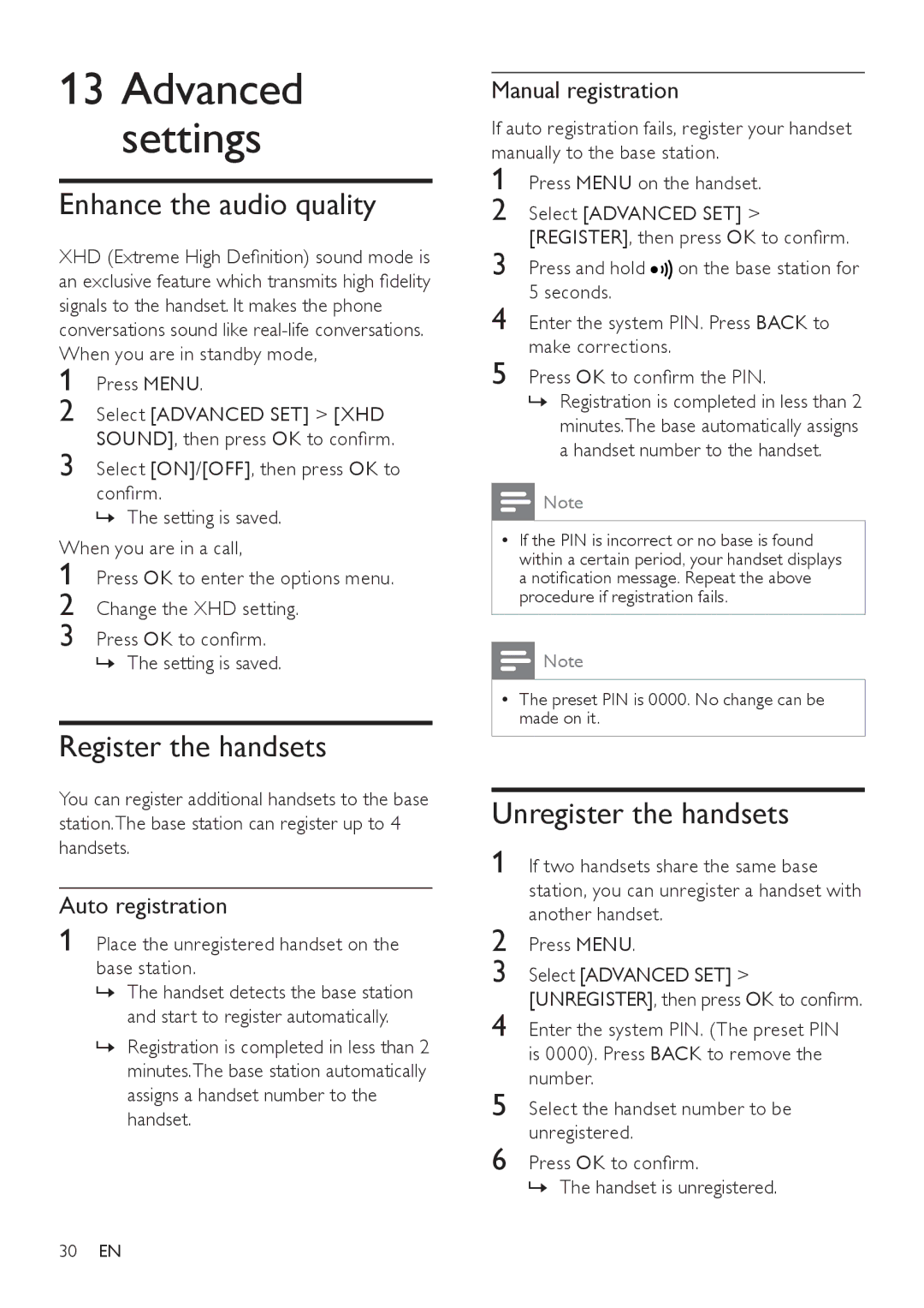 Philips SE171 user manual Enhance the audio quality, Register the handsets, Unregister the handsets, Auto registration 