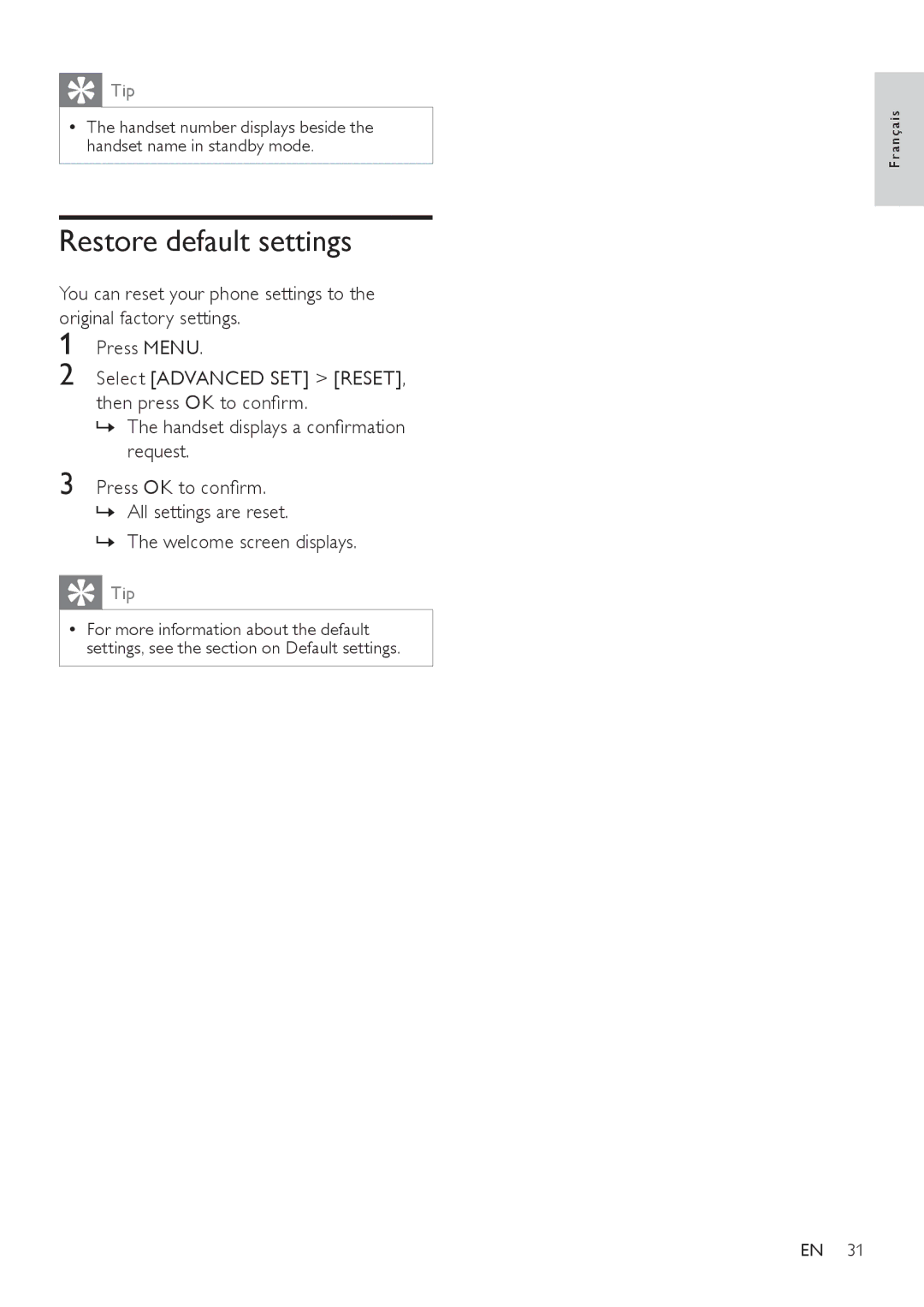 Philips SE171 user manual Restore default settings, »» The welcome screen displays 