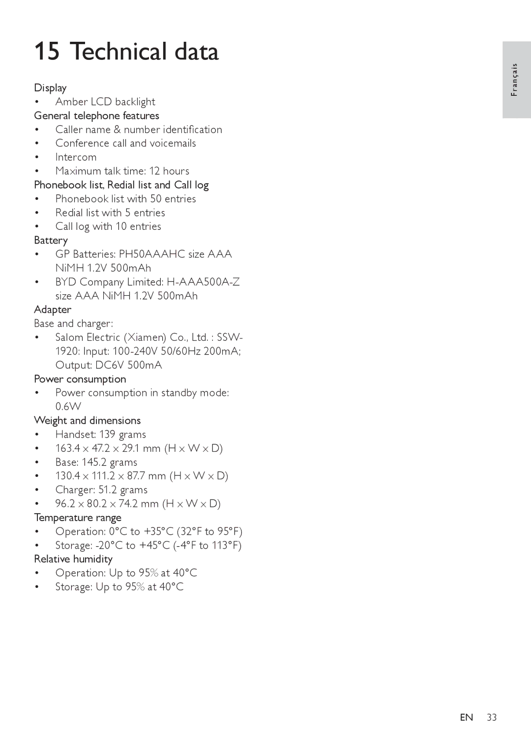 Philips SE171 user manual Technical data, Display 