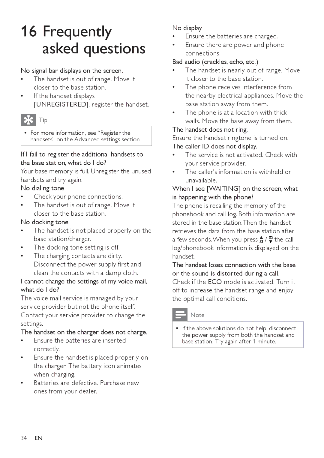 Philips SE171 user manual Frequently asked questions, Handset does not ring 