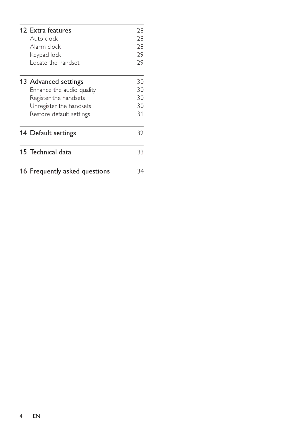 Philips SE171 user manual Advanced settings, Auto clock Alarm clock Keypad lock Locate the handset 