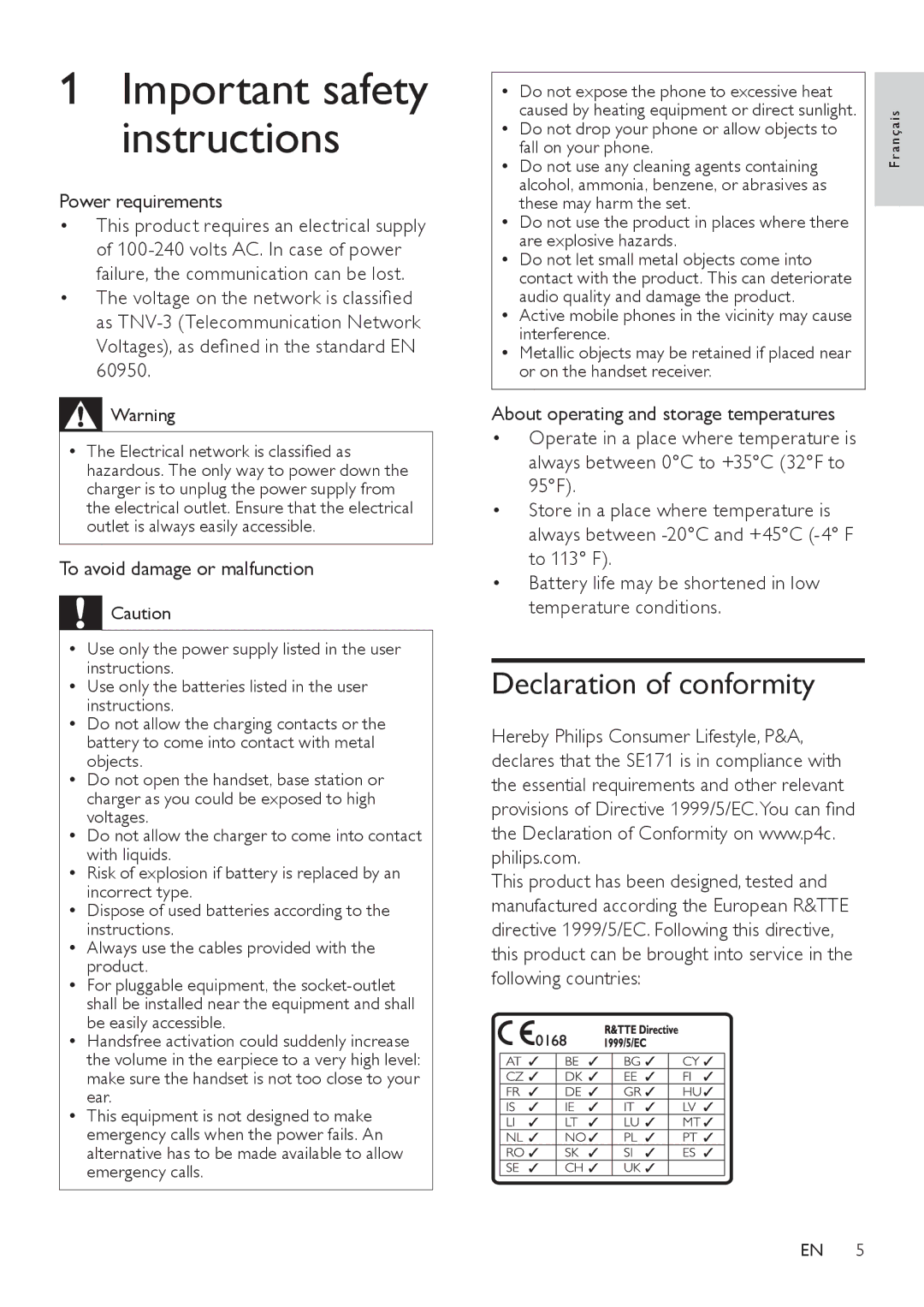 Philips SE171 user manual Declaration of conformity, Power requirements, Voltages, as defined in the standard EN 60950 