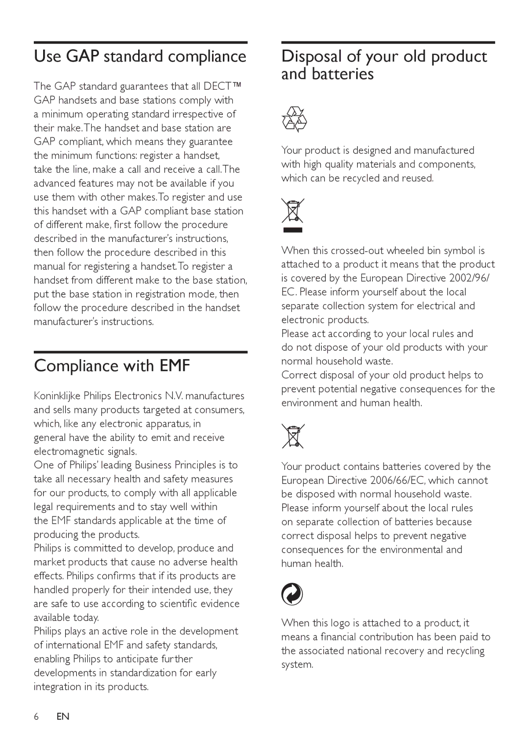 Philips SE171 user manual Use GAP standard compliance, Compliance with EMF, Disposal of your old product and batteries 