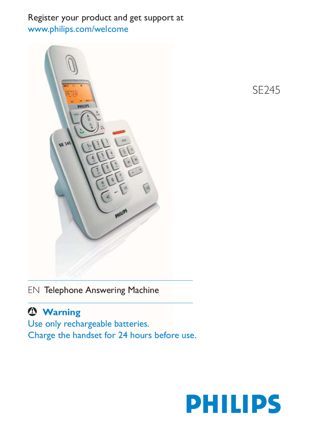 Philips SE245 manual Register your product and get support at, EN Telephone Answering Machine 