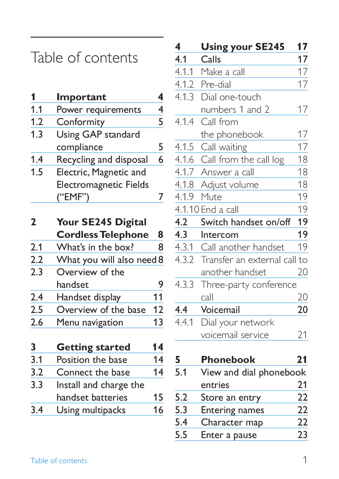 Philips SE245 manual Table of contents 