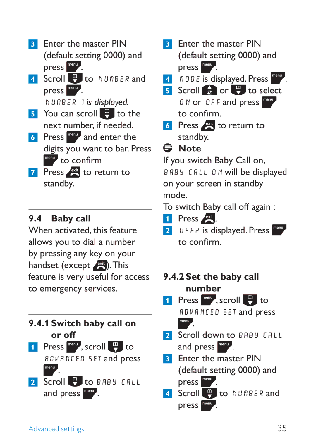 Philips SE245 manual Number 1 is displayed, Baby call, Switch baby call on or off, Set the baby call number 