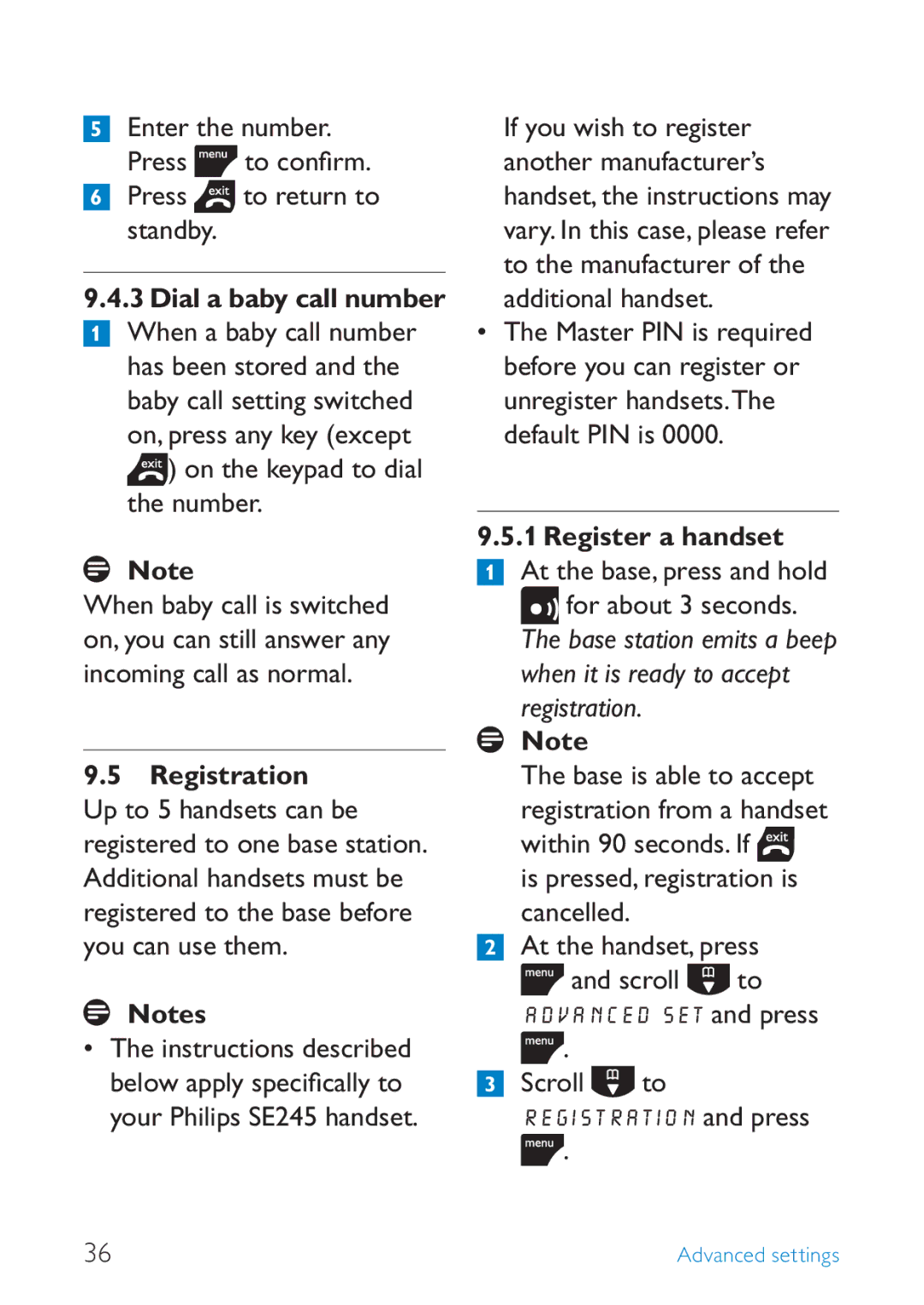 Philips SE245 Enter the number Press to conﬁrm Press to return to standby, On the keypad to dial the number, Registration 