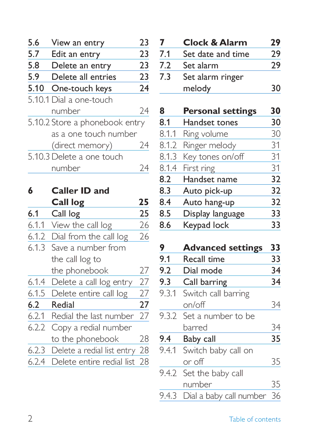 Philips SE245 manual Caller ID Call log, Clock & Alarm, Personal settings, Advanced settings 