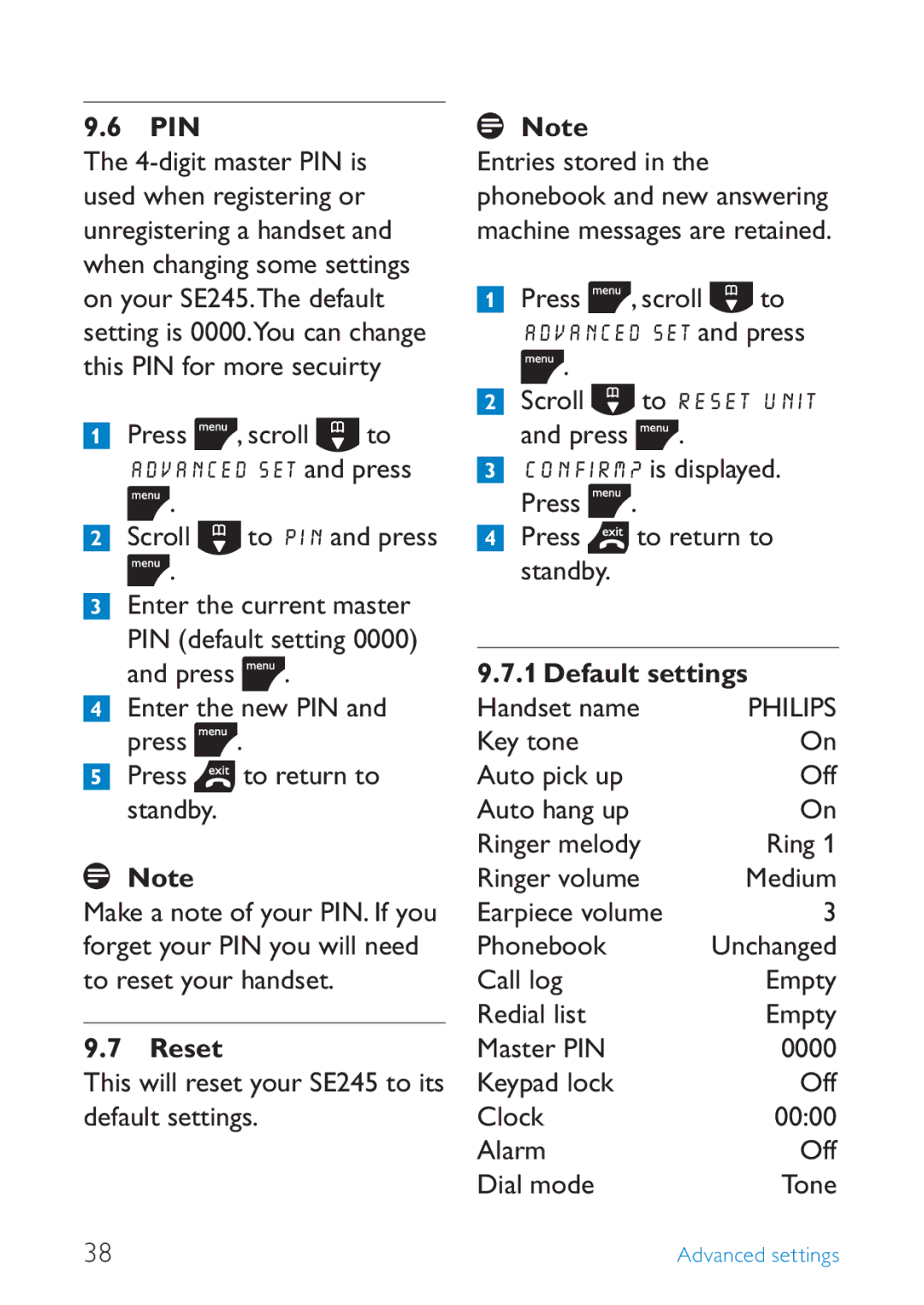 Philips SE245 manual Pin, Reset, Default settings 