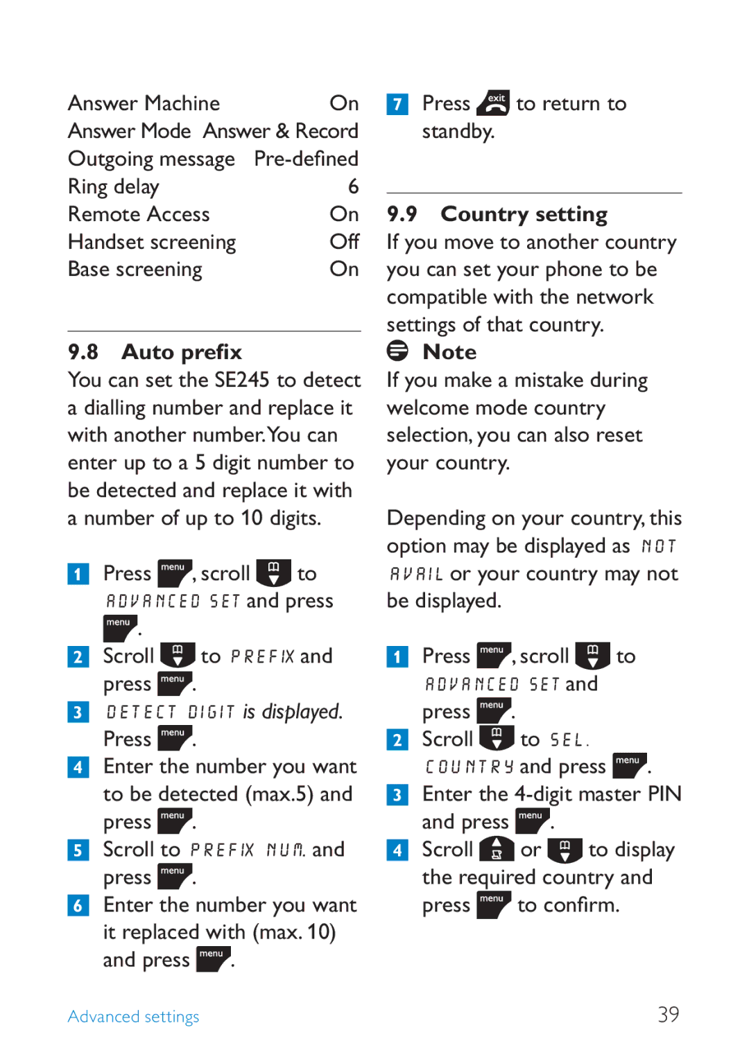 Philips SE245 manual Ring delay Remote Access, Base screening, Auto preﬁx, Scroll to Prefix and press, Country setting 