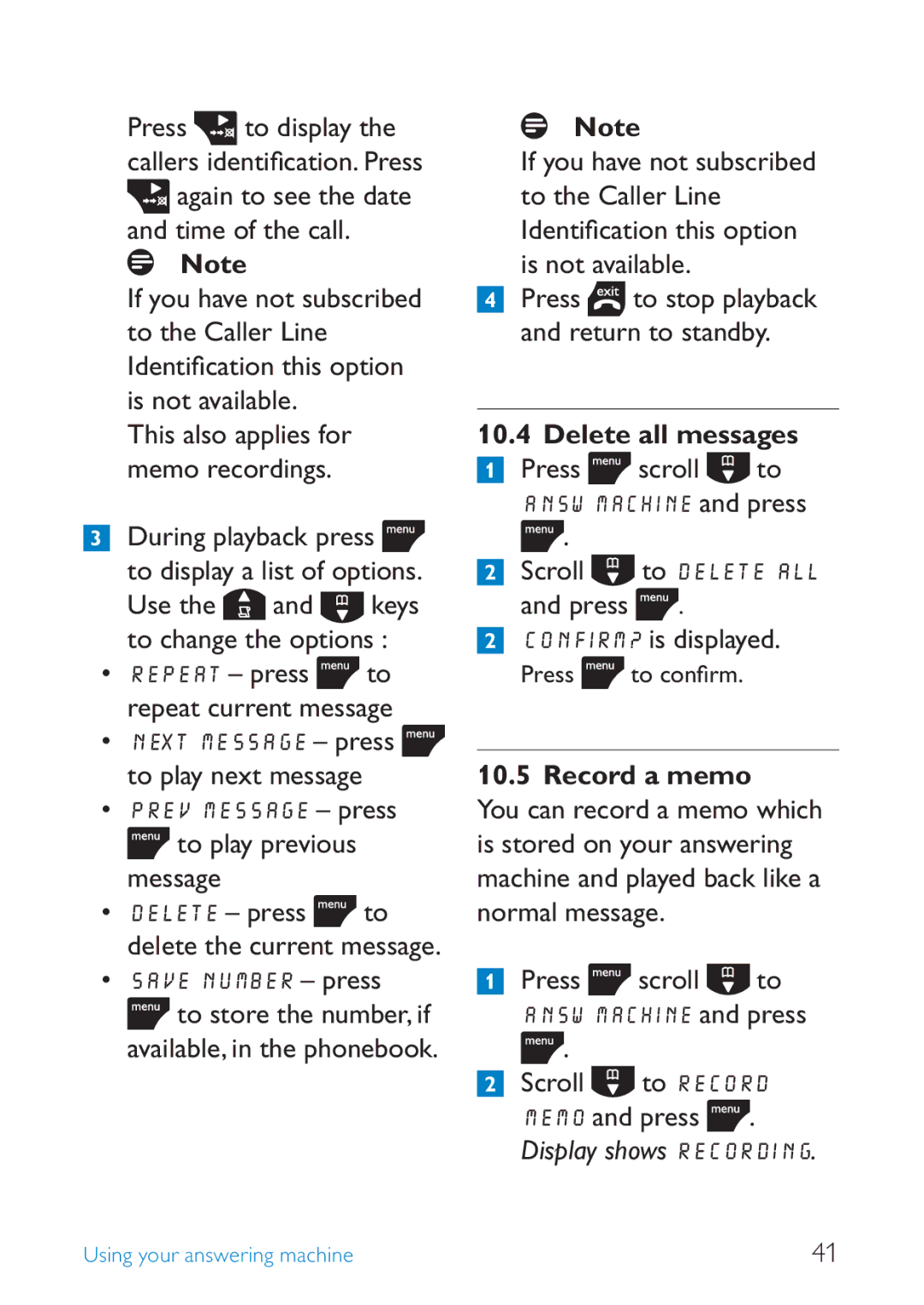 Philips SE245 manual Delete all messages, Record a memo, Display shows Recording 