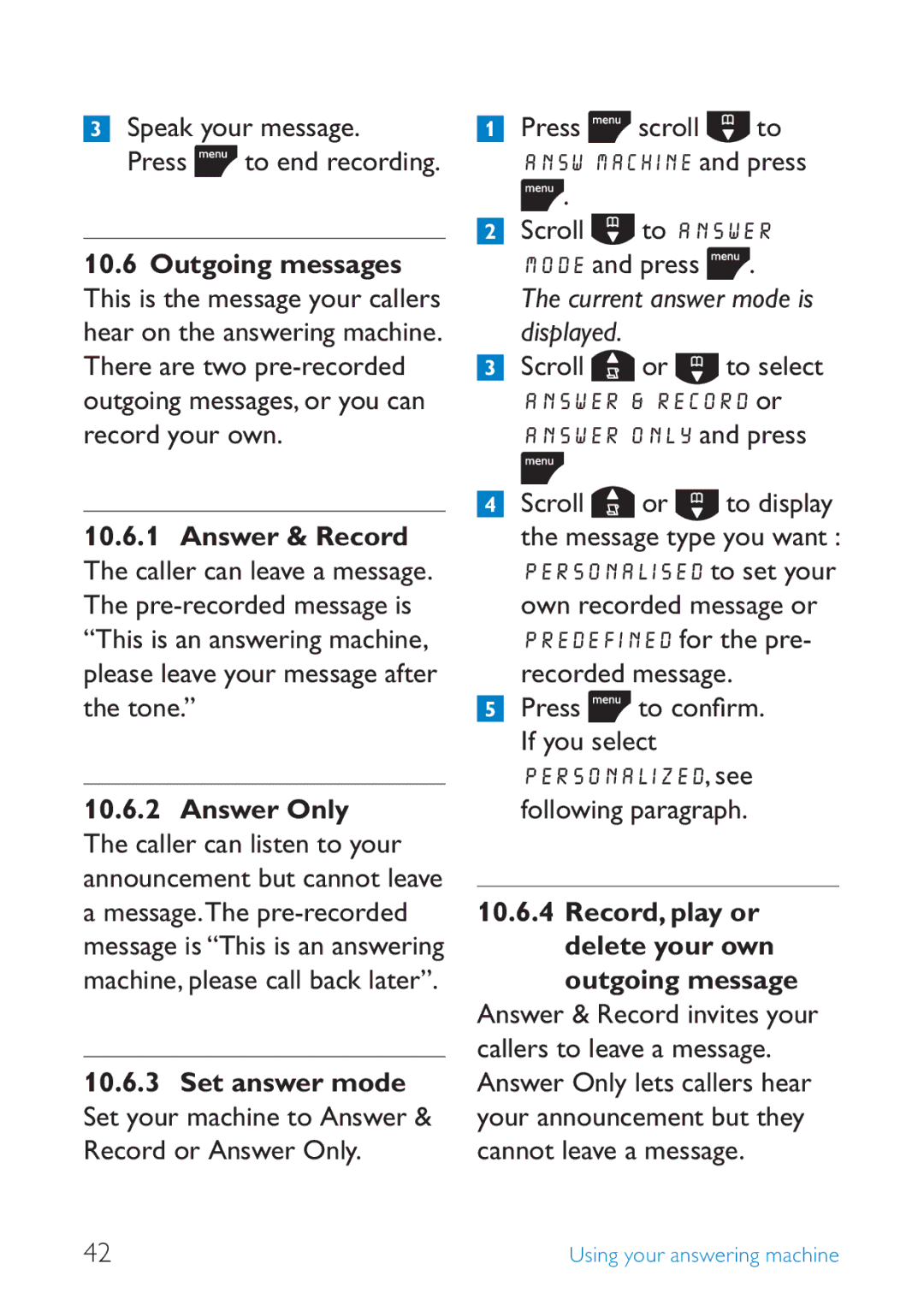 Philips SE245 manual Outgoing messages, Answer & Record, Current answer mode is displayed 