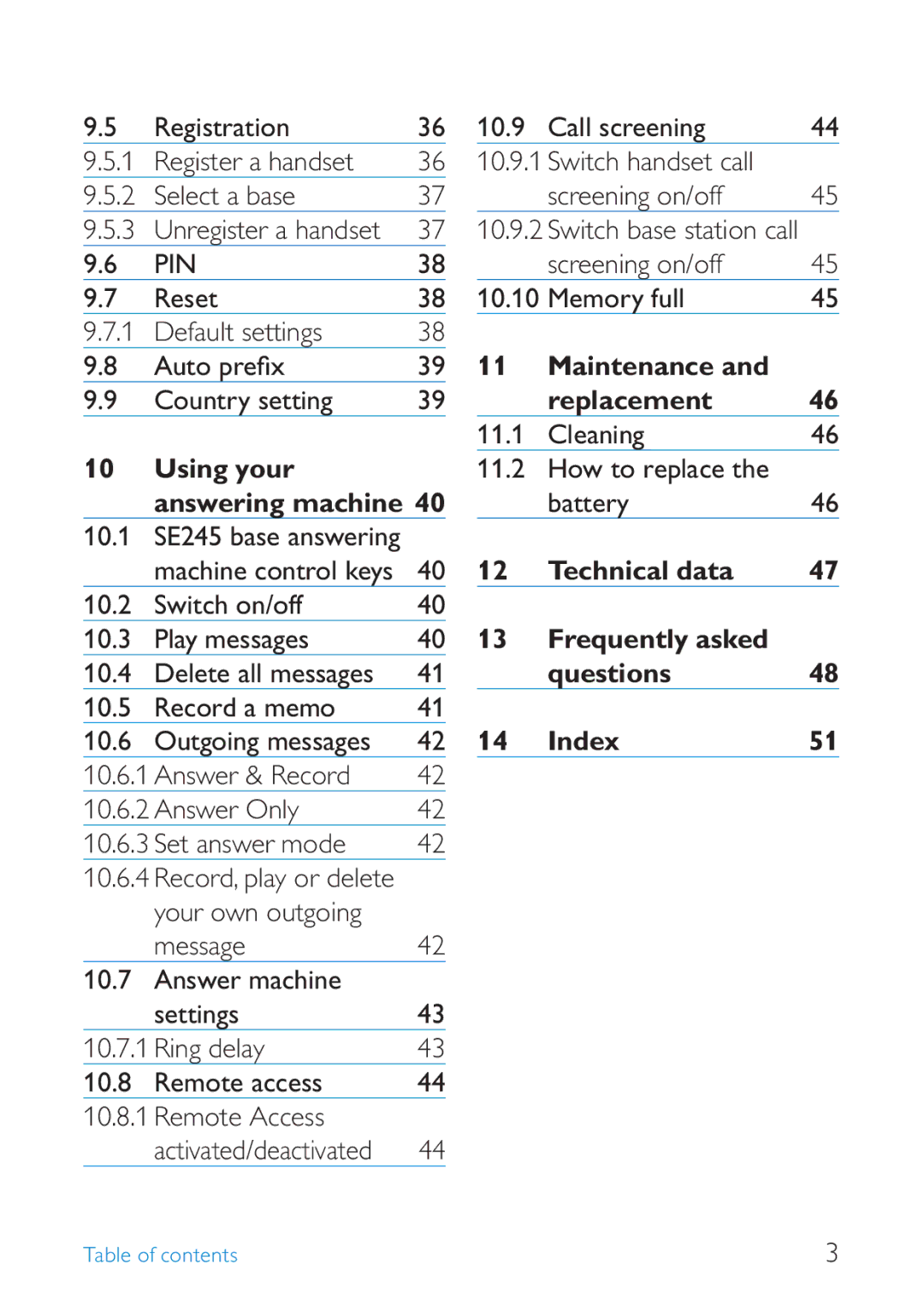 Philips SE245 Using your Answering machine, Maintenance Replacement, Technical data Frequently asked Questions Index51 