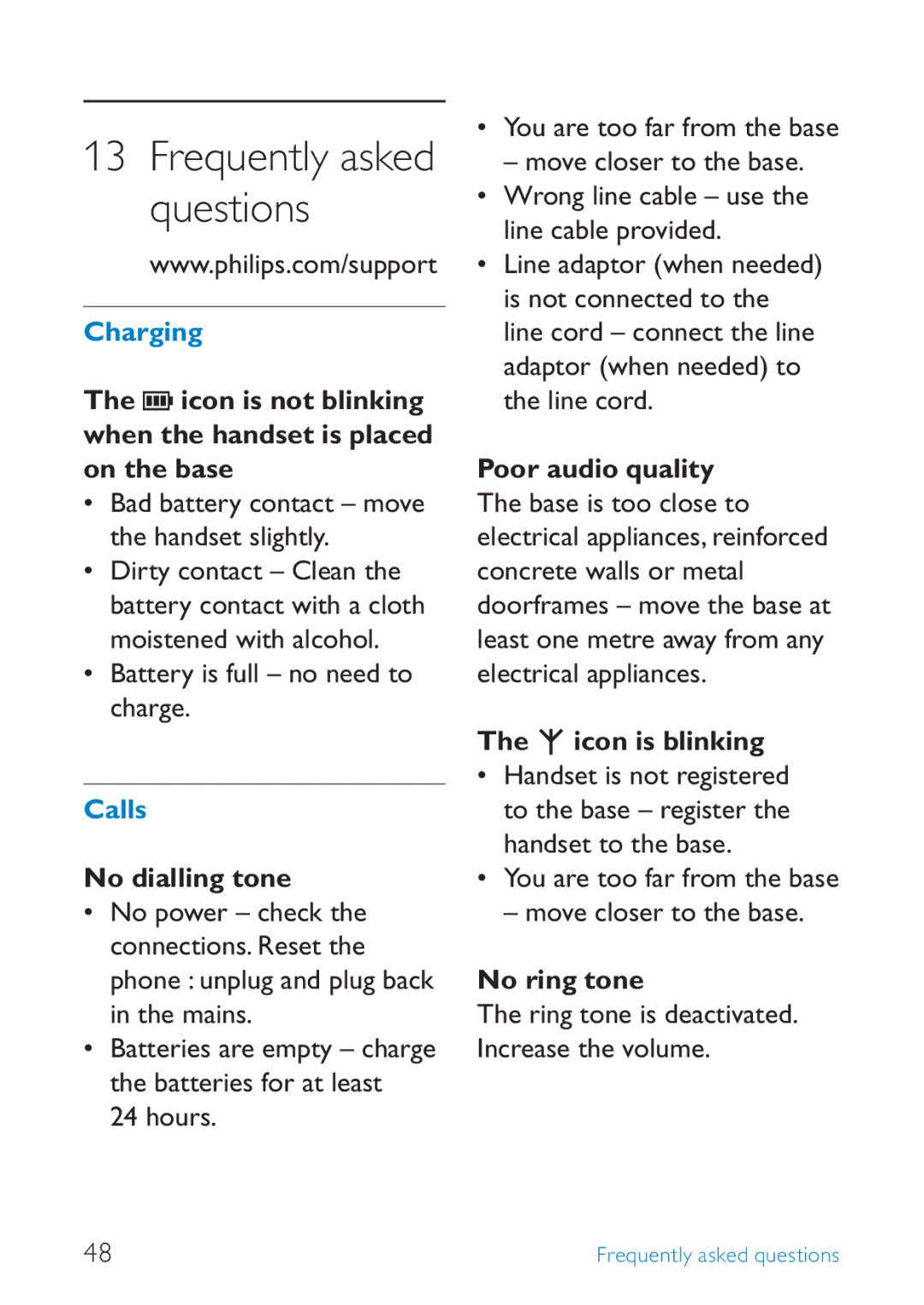 Philips SE245 manual Icon is not blinking when the handset is placed on the base, No dialling tone, Poor audio quality 