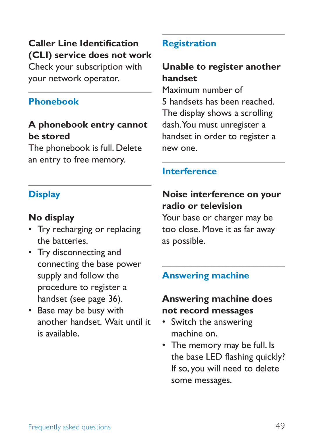 Philips SE245 manual Caller Line Identiﬁcation CLI service does not work, Phonebook entry cannot be stored, No display 